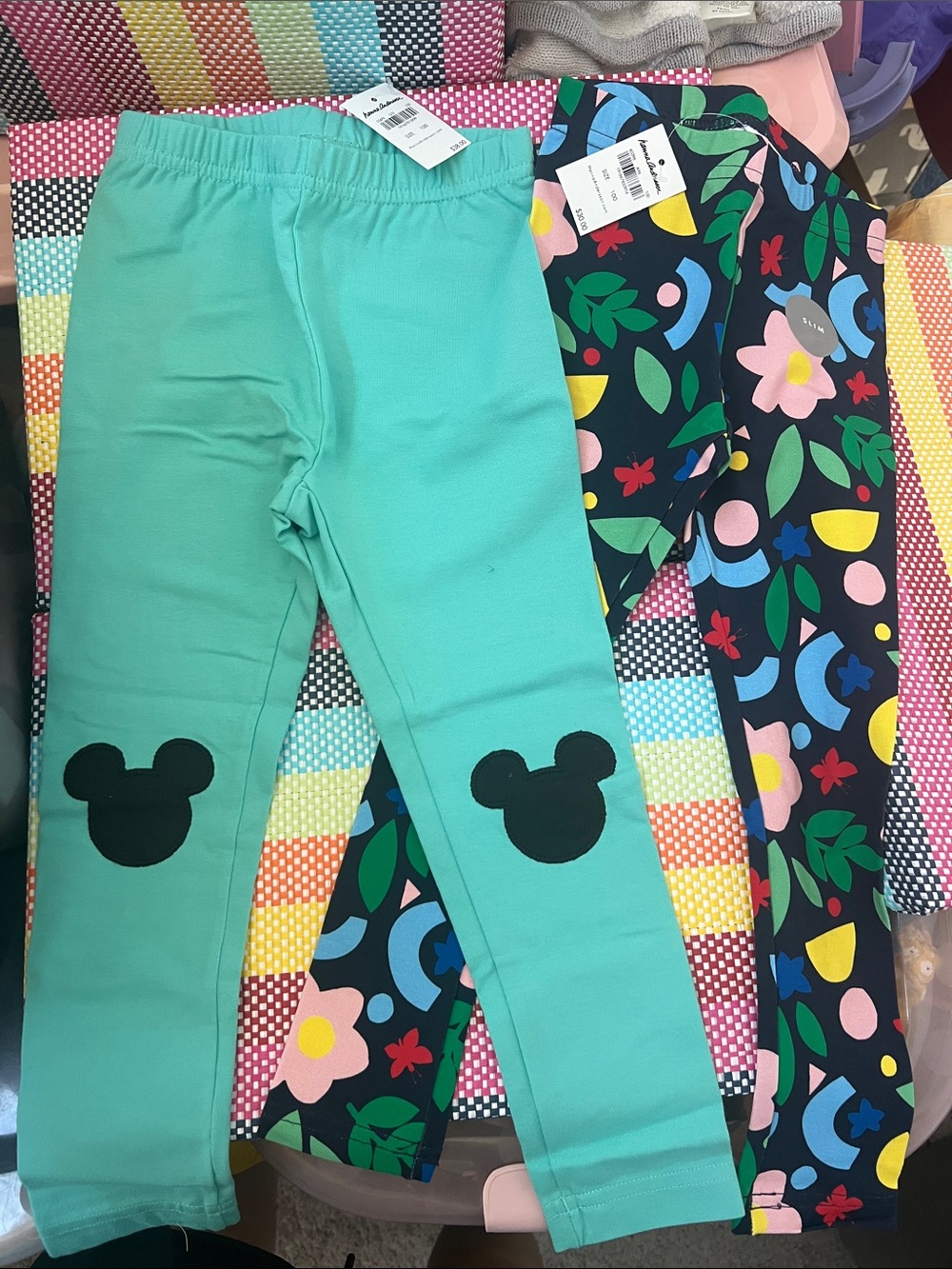 Hanna Andersson floral and Teal Leggings with Black Mickey Knee Patche